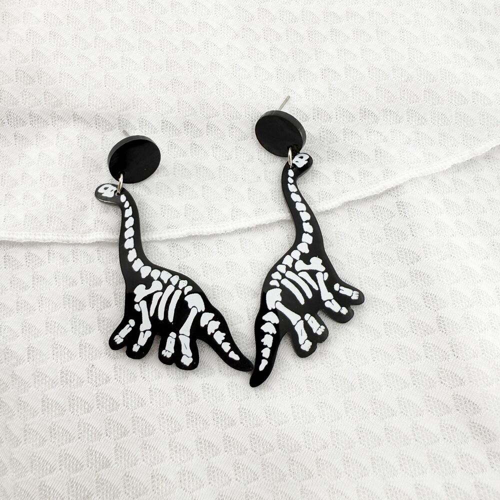 Black & White Brontosaurus Dinosaur Skeleton Earrings, Dinosaur Bone Earrings